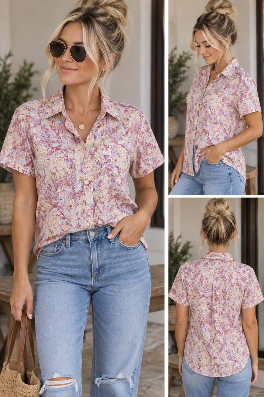 Basic Editions Pink Floral Paisley Short Sleeve Button Shirt
M155
